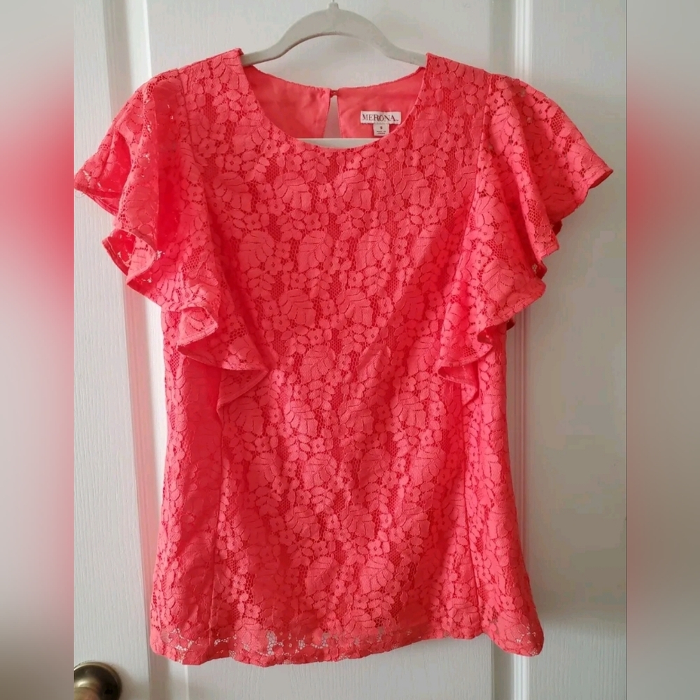 Merona Women's Lace Blouse Flutter Short sleeve Button back Coral‎ Size S